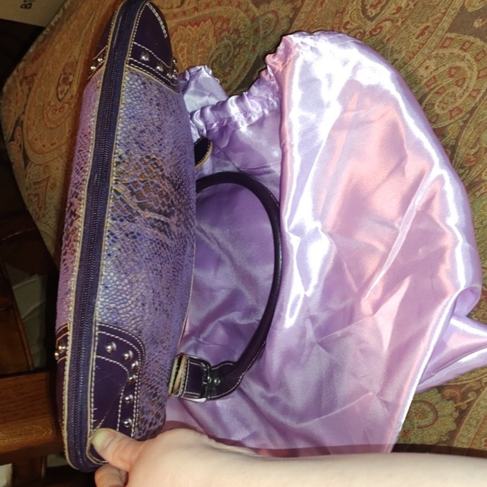 Sharif Studio Purple Snakeskin studded w/leopard print Shoulderbag. $279 Retail. - Picture 4 of 12